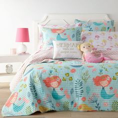 Andrina Full/Queen Quilt Set LEVTEX ANDRINA QUILT BED SET: A Mermaid playground in a delightful ocean paradise bedding set consisting of a Full/Queen size quilt (88x92in.) and two matching pillow shams (26x20). Used by itself, as a layering piece or as a bedspread, this bedding set is extremely versatile. THE ANDRINA DESIGN: One of our most popular quilt sets, Andrina is inspired by Whimsical Mermaids frolicking in an ocean paradise, with a bright pastels to delight a little girls dreams and a c Kids Sheet Sets, Mermaid Bedroom, Kids Sheets, How To Clean Pillows, Mermaid Room, Kids Bedding Sets, Green Quilt, Twin Quilt, Big Girl Rooms