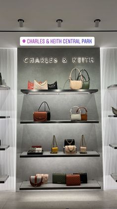 a display case filled with lots of purses and handbags on top of shelves