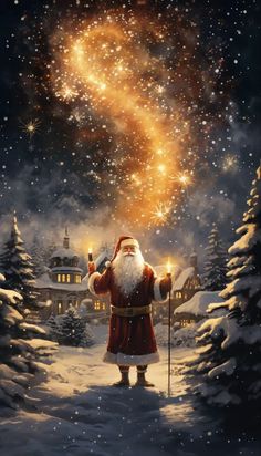 a painting of santa holding a lit candle in his hand and looking up at the sky