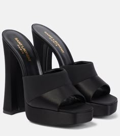 Boogie 110 satin platform mules in black - Saint Laurent | Mytheresa Saint Laurent Platform Heels, Yves Saint Laurent Shoes, Platform Mules, Chic Heels, Designer Pumps, Fame Dr, Fashion Heels, Evening Shoes, Pretty Shoes