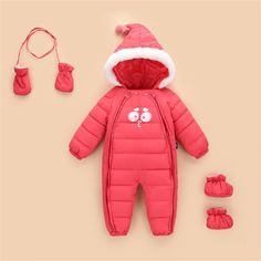 Baby 3PCS Cartoon Zipper Hoodie Long Sleeve Warm Romper Baby Clothes Wholesale - PrettyKid Winter Cotton Onesie, Long Sleeve Onesie For Winter Playtime, Long Sleeve Onesie For Playtime In Winter, Winter Onesie For Playtime, Winter Playtime Solid Onesie, Winter Playtime Solid Color Onesie, Cute Pink Winter Onesie, Red Playful Winter Onesie, Playful Red Winter Onesie