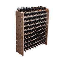 a wooden wine rack filled with lots of bottles on top of eachother in front of a white background