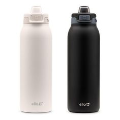 two black and white water bottles next to each other on a white background with the word eolite printed on it