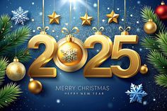 merry christmas and happy new year greeting card with golden numbers, ornaments and snowflakes