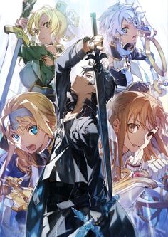 an anime movie poster with the characters in black and white outfits, holding swordes