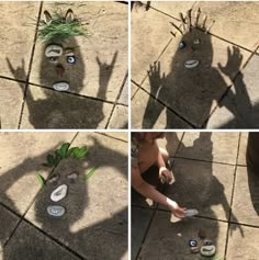 four photos of someone's shadow with their feet on the ground and plants growing out of them