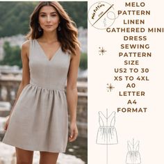 a woman wearing a gray dress and white shoes with the words melo line gathered mini sewing pattern