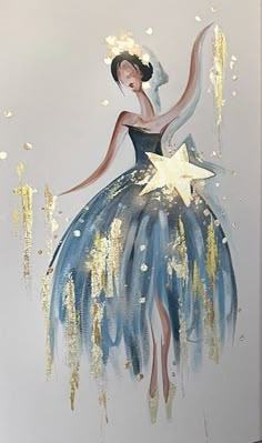 a painting of a woman in a blue dress with stars on her chest and arms