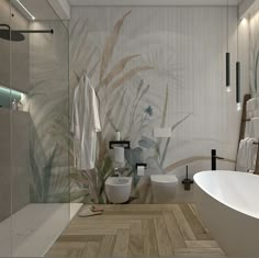 a bathroom with a bathtub, toilet and shower in it's center wall