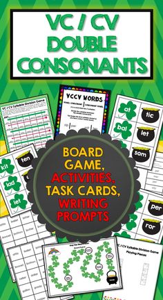 a green and white poster with the words board games, task cards, writing prompts