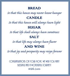 a poem written in blue and white with the words bread, candle, sugar, salt and wine