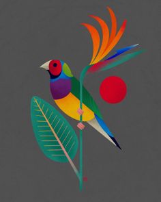 a colorful bird sitting on top of a green leaf next to a red ball and orange flower