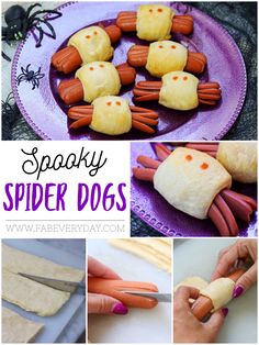 several pictures of different types of spider dogs on a plate with carrots and crackers