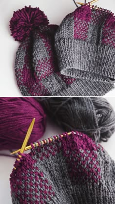 two pictures showing the same hat and knitting needles, one in grey and purple yarn