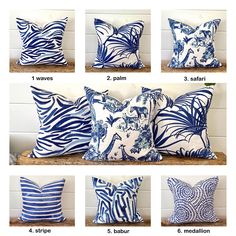 six pillows with different patterns and sizes on them, all in blue and white colors