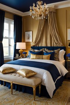 a large bed sitting in a bedroom under a chandelier next to a window