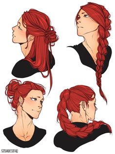 a woman with red hair and braids on her head is shown in four different positions