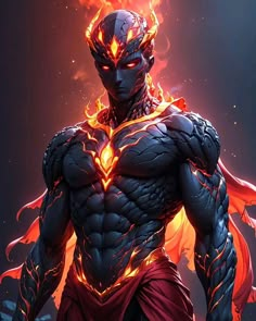 an illustration of a man with flames on his chest and arms, standing in front of a dark background