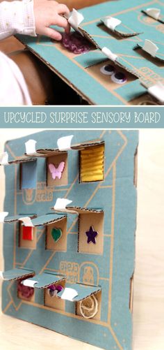 an upcycled surprise - sensory board for kids to play with is made out of cardboard