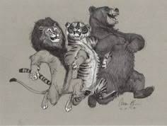 an ink drawing of three wild animals riding on one animal's back, and the other standing up