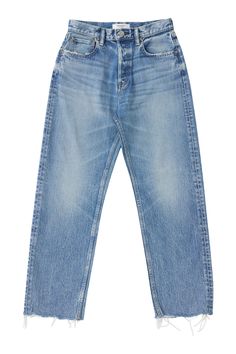 These straight-leg jeans feature a frayed hem in faded medium-wash denim High rise Five-pocket style Wide fit Ankle length Button-fly; belt loops Cotton/polyurethane Machine wash cold, line dry Style#: 540HAC12-8091 Denim 2024, Straight Cropped Jeans, Painted Jeans, Straight Crop Jeans, Stylish Pants, Dressed To Kill, Material Girl, Material Girls, Cropped Jeans