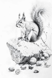 a pencil drawing of a squirrel sitting on top of a rock with nuts around it