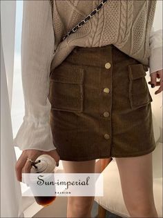 Sun-Imperial - Button Front High Waist Corduroy Skirt With Pockets A-Line Women Short Mini Skirt – SUN-IMPERIAL Beige Skirt Outfit, Brown Skirt Outfit, Brown Velvet Skirt, Corduroy Skirt Outfit, 2024 Wardrobe, Short Mini Skirt, Cord Skirt, Beige Skirt, Winter Skirt Outfit