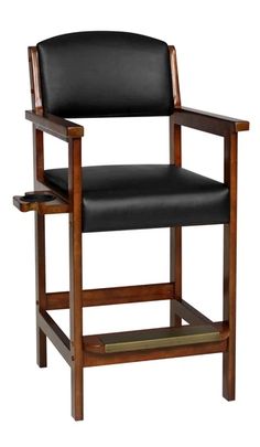 a wooden chair with black leather upholstered on the back and armrests