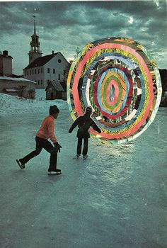 two boys are skating on the snow with a large circular object in the background that says univerize