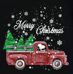 an old red truck with a christmas tree in the back and merry lettering on it