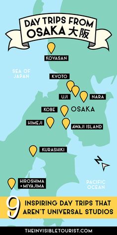 a map with the names of different destinations in japan and other countries, as well as an