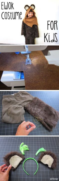 two pictures showing how to make an animal costume for kids with fake fur and felt