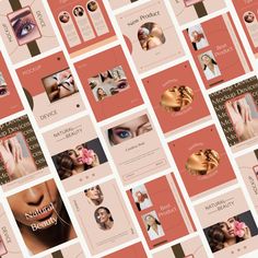 an assortment of brochures with images of woman's face and hands on them