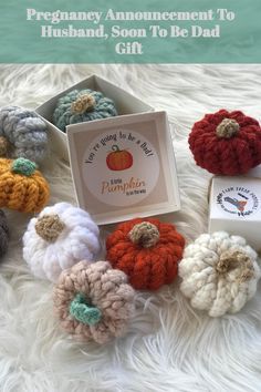 there are many crocheted pumpkins in the box