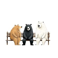 three bears are sitting on a bench and one bear is looking at the other side