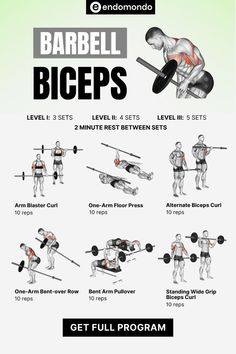 the barbell biceps workout plan is shown with instructions for how to do it