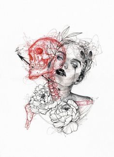 a drawing of a woman with flowers and a skull