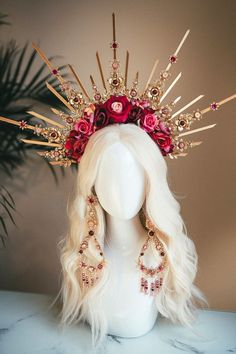 Luxury Handmade Traditional Headpieces, Costume Fleur, Flower Halo Headband, Crown Goddess, Fantasy Accessories, Red Flower Crown, Flowers Crown, Goddess Crown