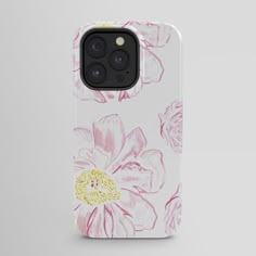 an iphone case with pink and yellow flowers on the front, sitting against a white background