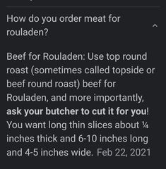 a text message that reads, how do you order meat for rouladen?