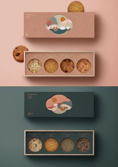 three boxes with different types of cookies in them