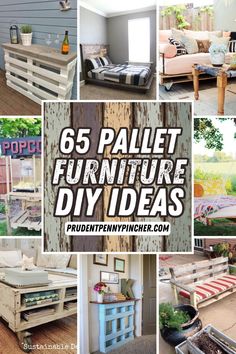 collage of furniture made from old pallets and painted in different colors with text overlay that reads 65 pallet furniture diy ideas