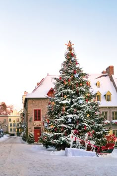 a large christmas tree in front of a house