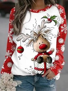 Multicolor Casual Round Neck Snowflake Printed Long Sleeve Sweatshirts Plus Size Christmas Tops, Christmas Tops, Estilo Chic, Sweater Collection, Round Neck Sweaters, Warm Sweaters, Pullover Designs, Round Neck Tops, Christmas Fashion