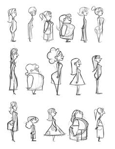 various sketches of people standing and sitting in front of each other, all looking at something