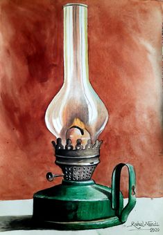 a painting of a green kettle with a light on top