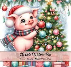 a cute pig with a scarf around his neck next to a christmas tree and presents