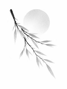 a black and white photo of a branch with the sun in the background