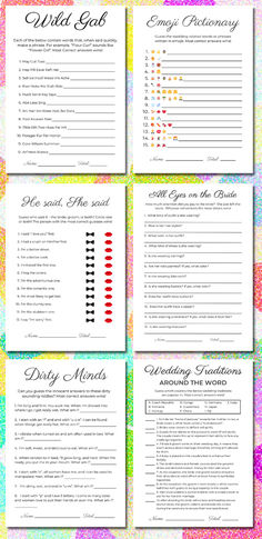 the wedding game is shown in four different colors and font, along with instructions for each guest