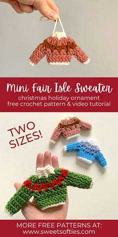 crochet christmas sweater ornament is shown with the text, free pattern and instructions